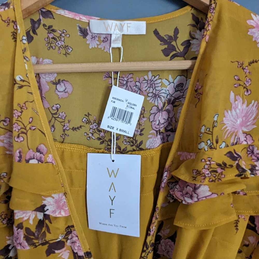 Wayf golden yellow floral long sleeve maxi wrap dress size XS NWT - Picture 5 of 9